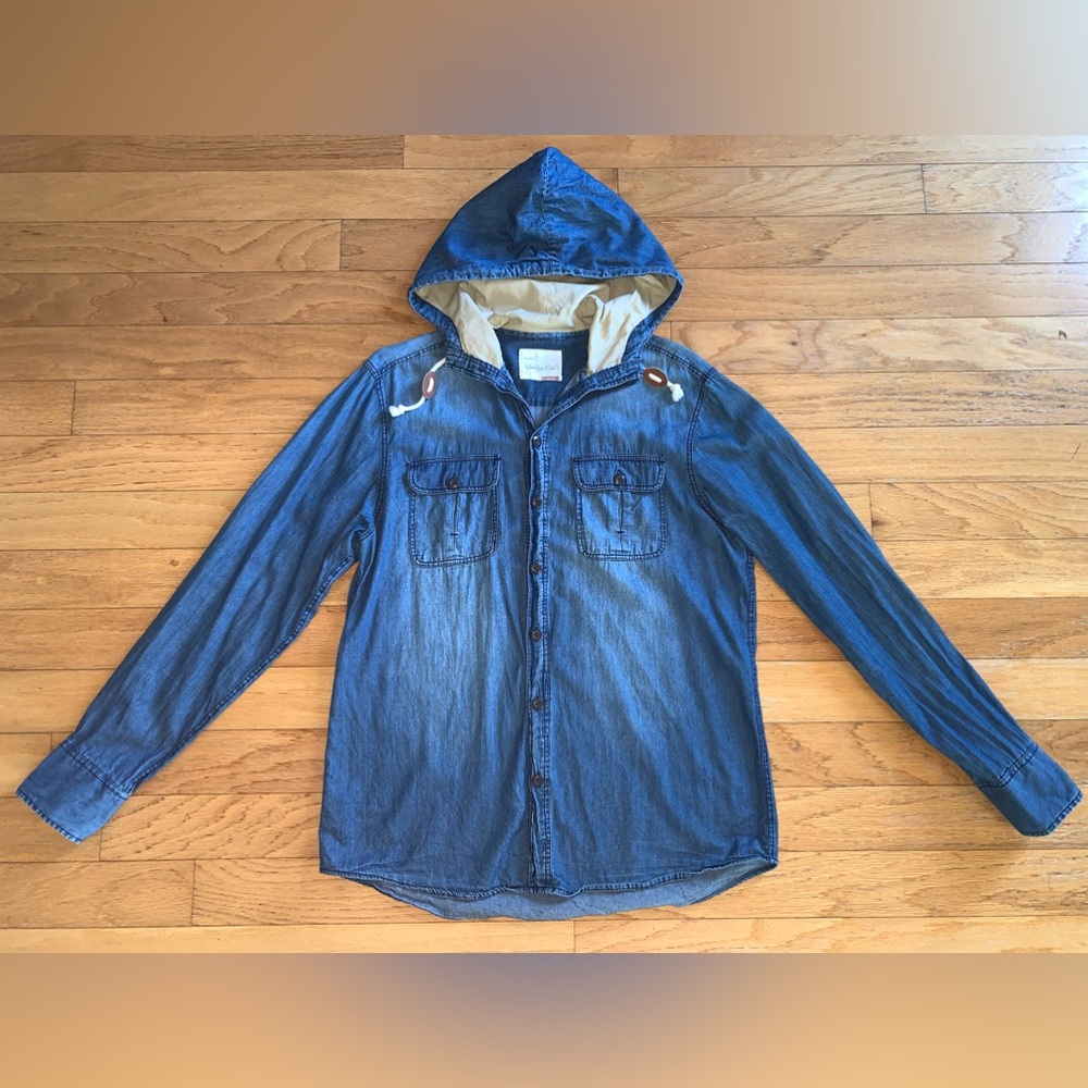 Sovereign Code Denim Button Long Sleeve Shirt Jacket Hood, Men's Large.